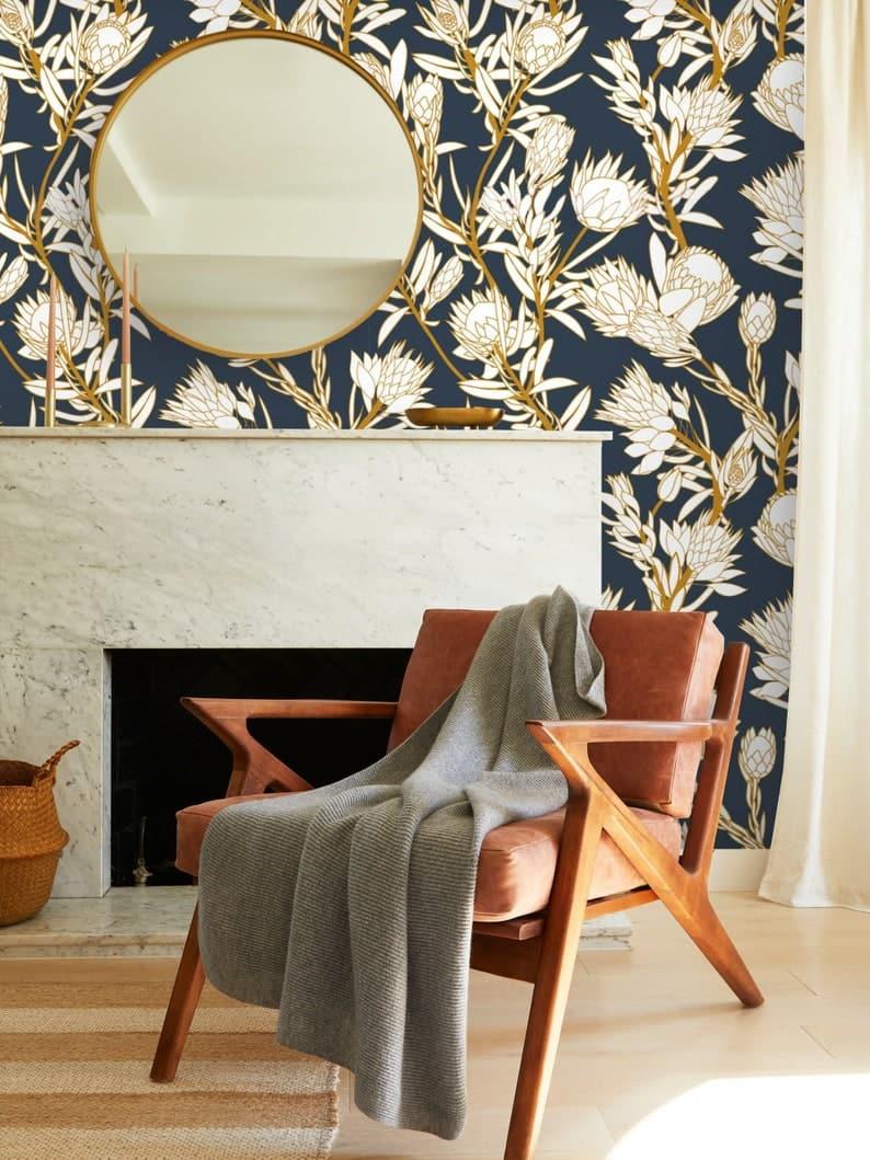 White and Navy Floral Protea Wallpaper