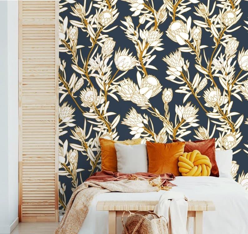 White and Navy Floral Protea Wallpaper