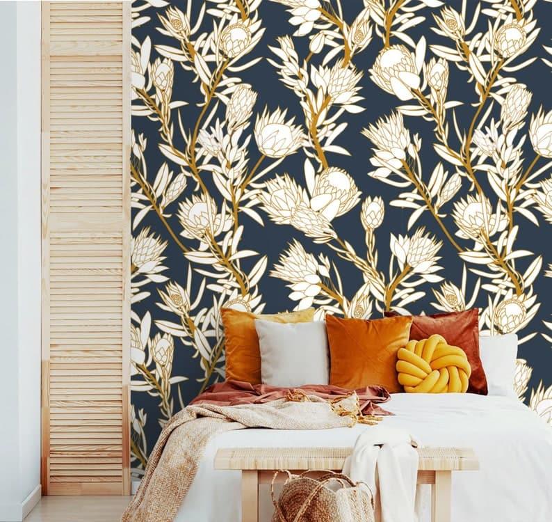 White and Navy Floral Protea Wallpaper - MAIA HOMES
