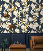 White and Navy Floral Protea Wallpaper