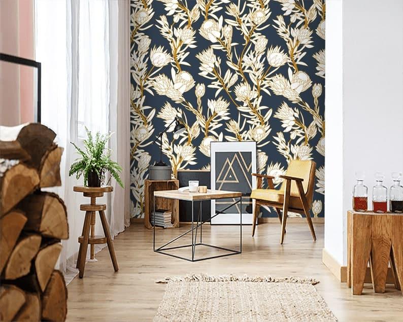 White and Navy Floral Protea Wallpaper - MAIA HOMES