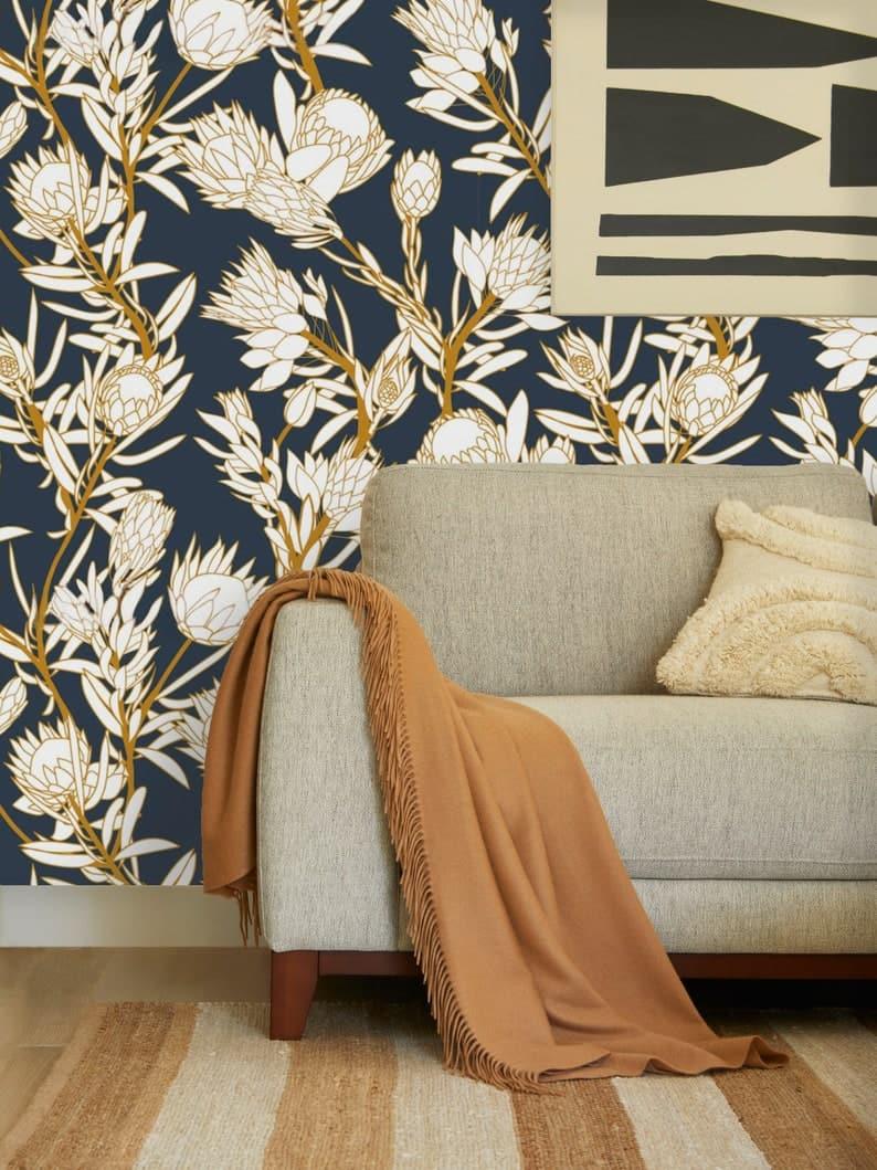 White and Navy Floral Protea Wallpaper