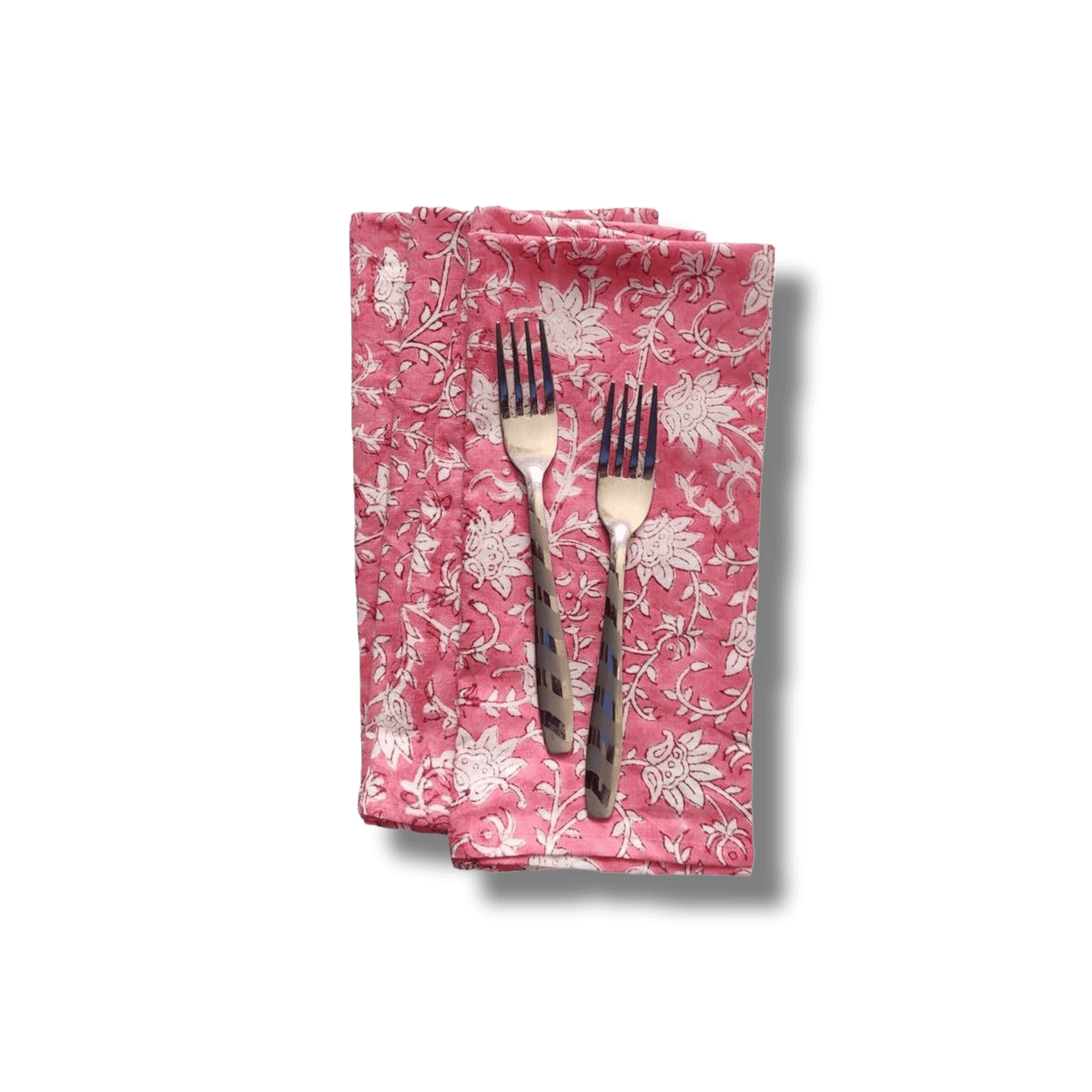 White and Pink Floral Block Printed Cotton Napkins - MAIA HOMES
