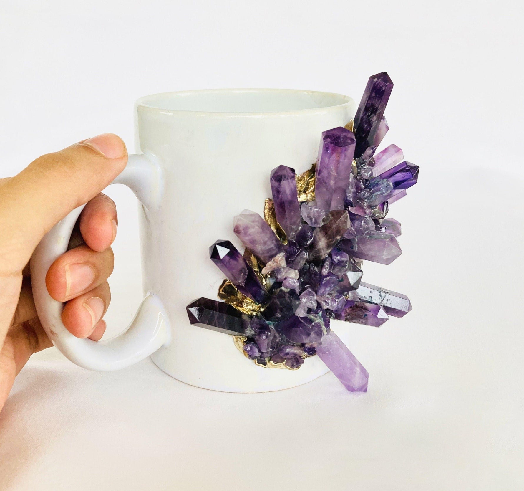 White and Purple Amethyst Crystal Ceramic Mug with Gold Handle - Set of 2