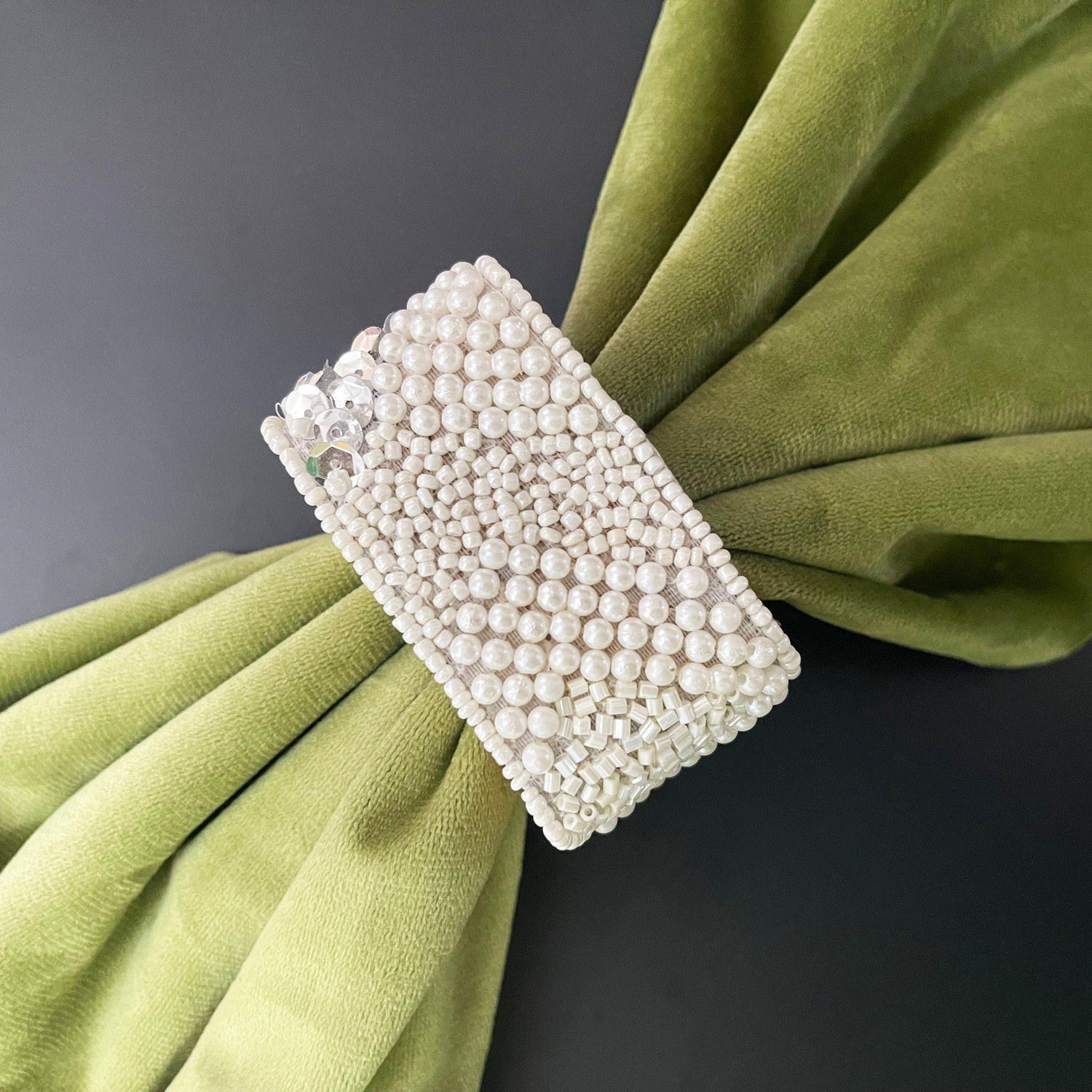 White Beaded and Wooden Napkin Rings Set of 8