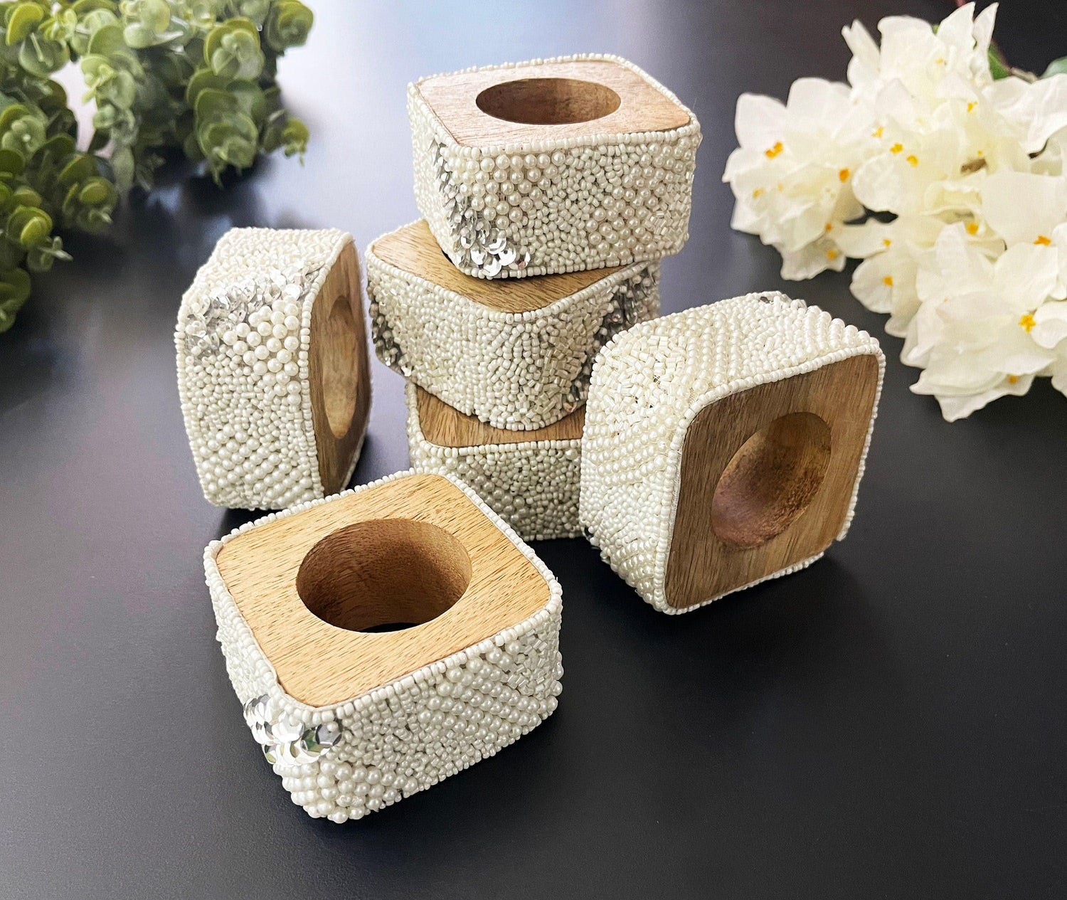 White Beaded and Wooden Napkin Rings