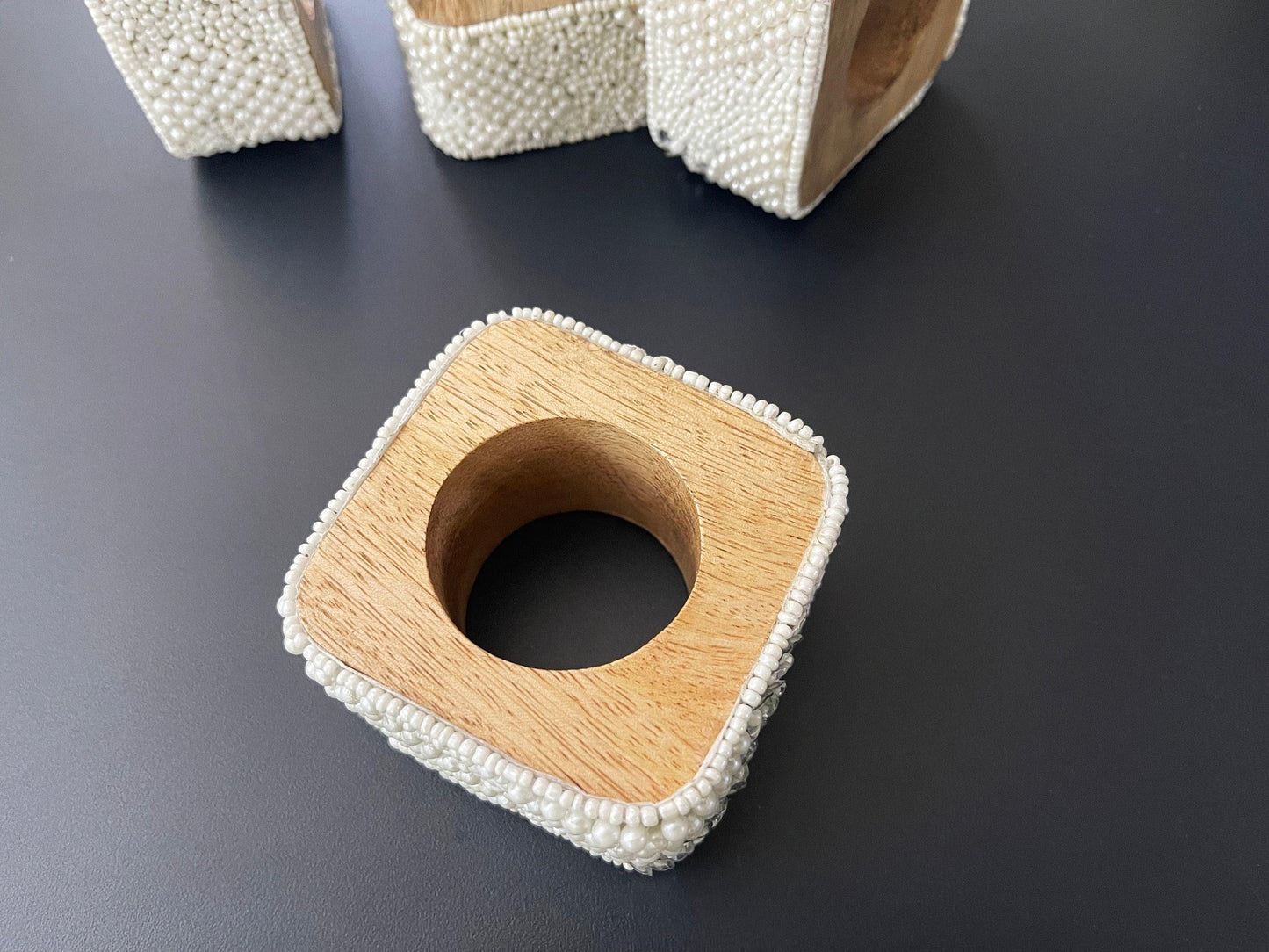 White Beaded and Wooden Napkin Rings - MAIA HOMES