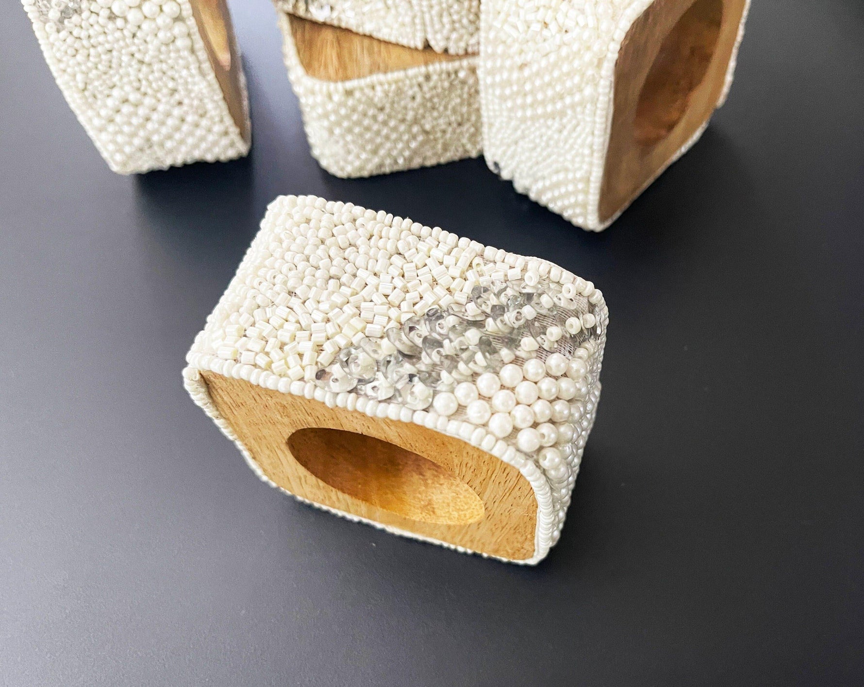 White Beaded and Wooden Napkin Rings