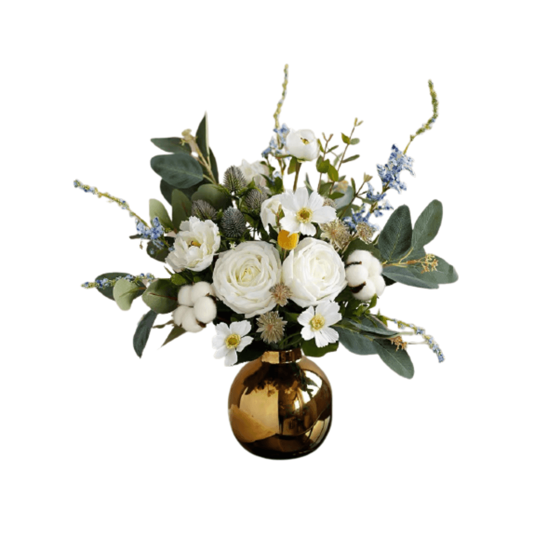 White Cotton Rose Floral Arrangement in a Gold Pot - MAIA HOMES