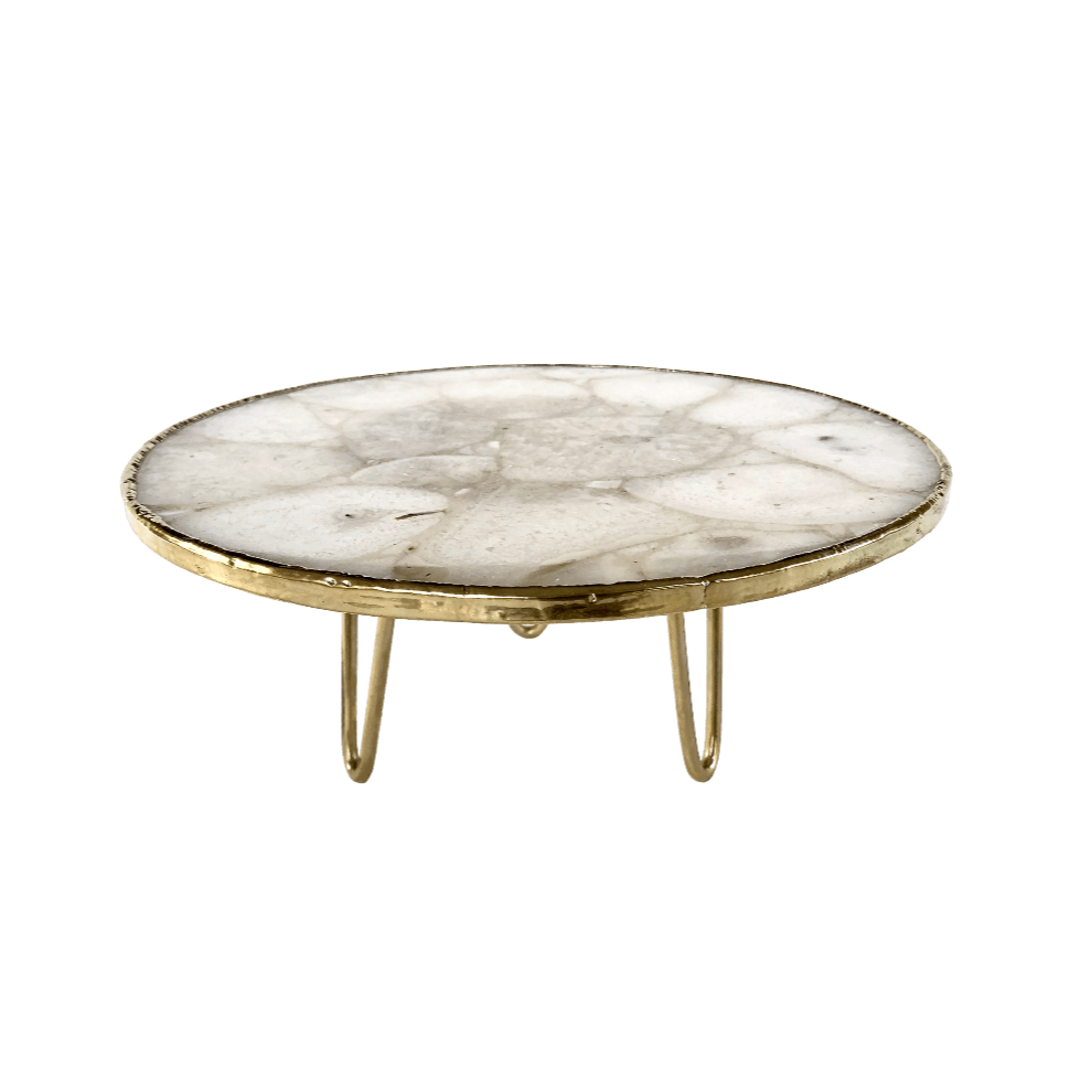 White Crystal Agate Cake Stand with Brass Legs