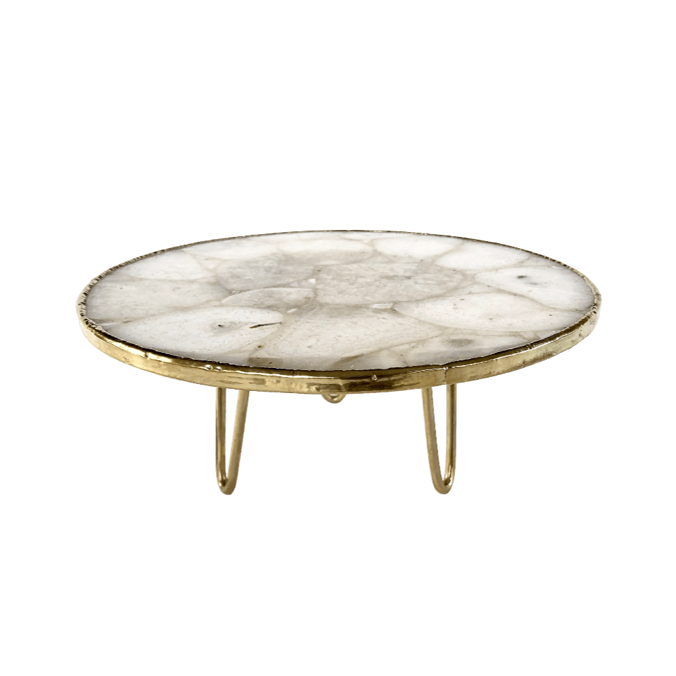 White Crystal Agate Cake Stand with Brass Legs - MAIA HOMES