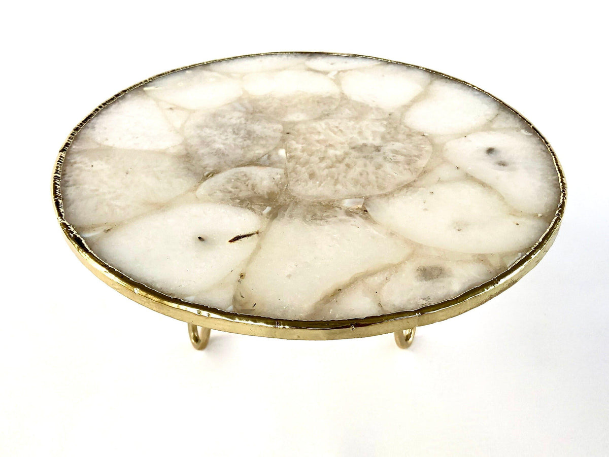 White Crystal Agate Cake Stand with Brass Legs