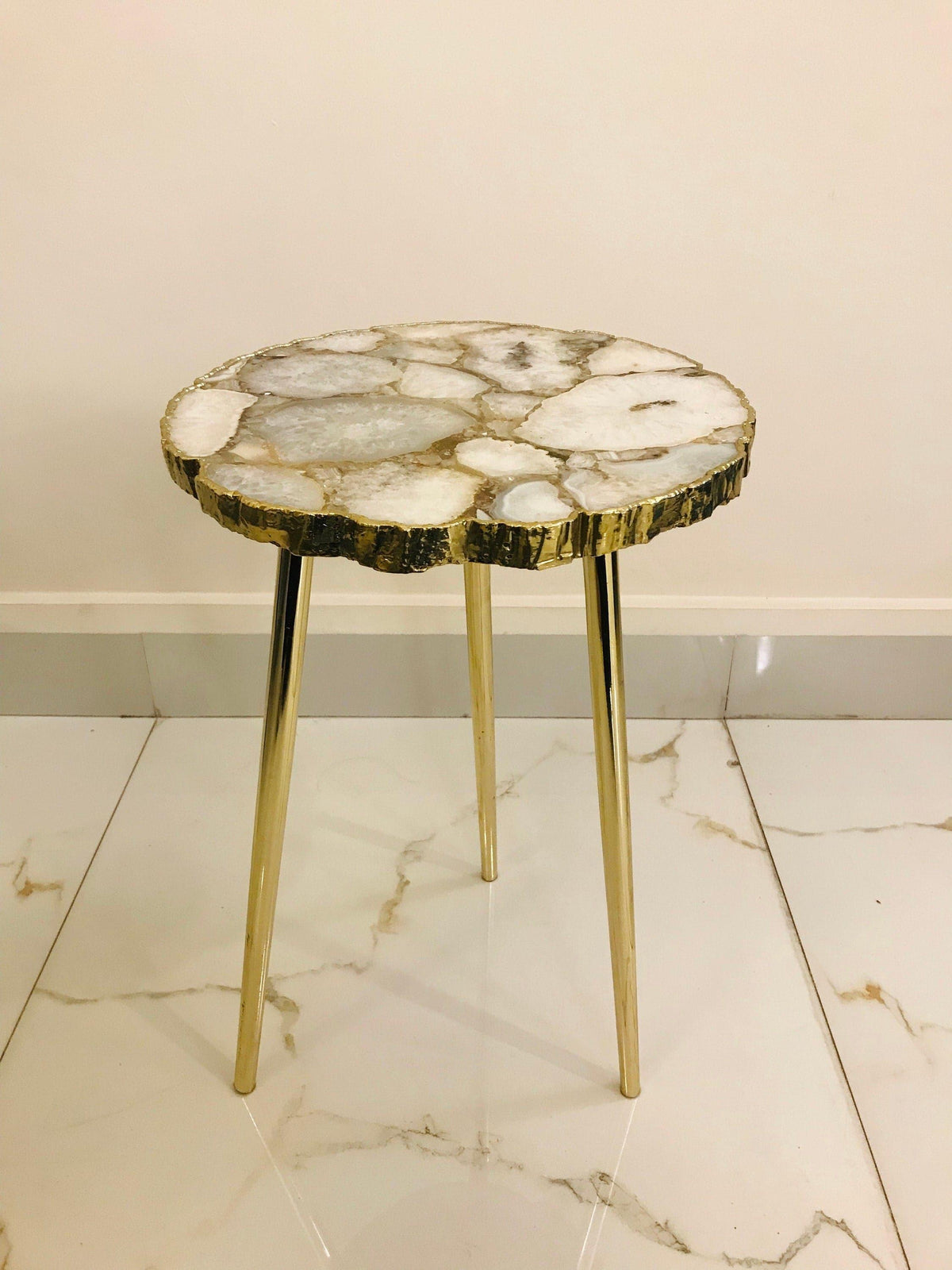 White Crystal Agate Organic Edge Accent Table 16 inch Diameter Silver