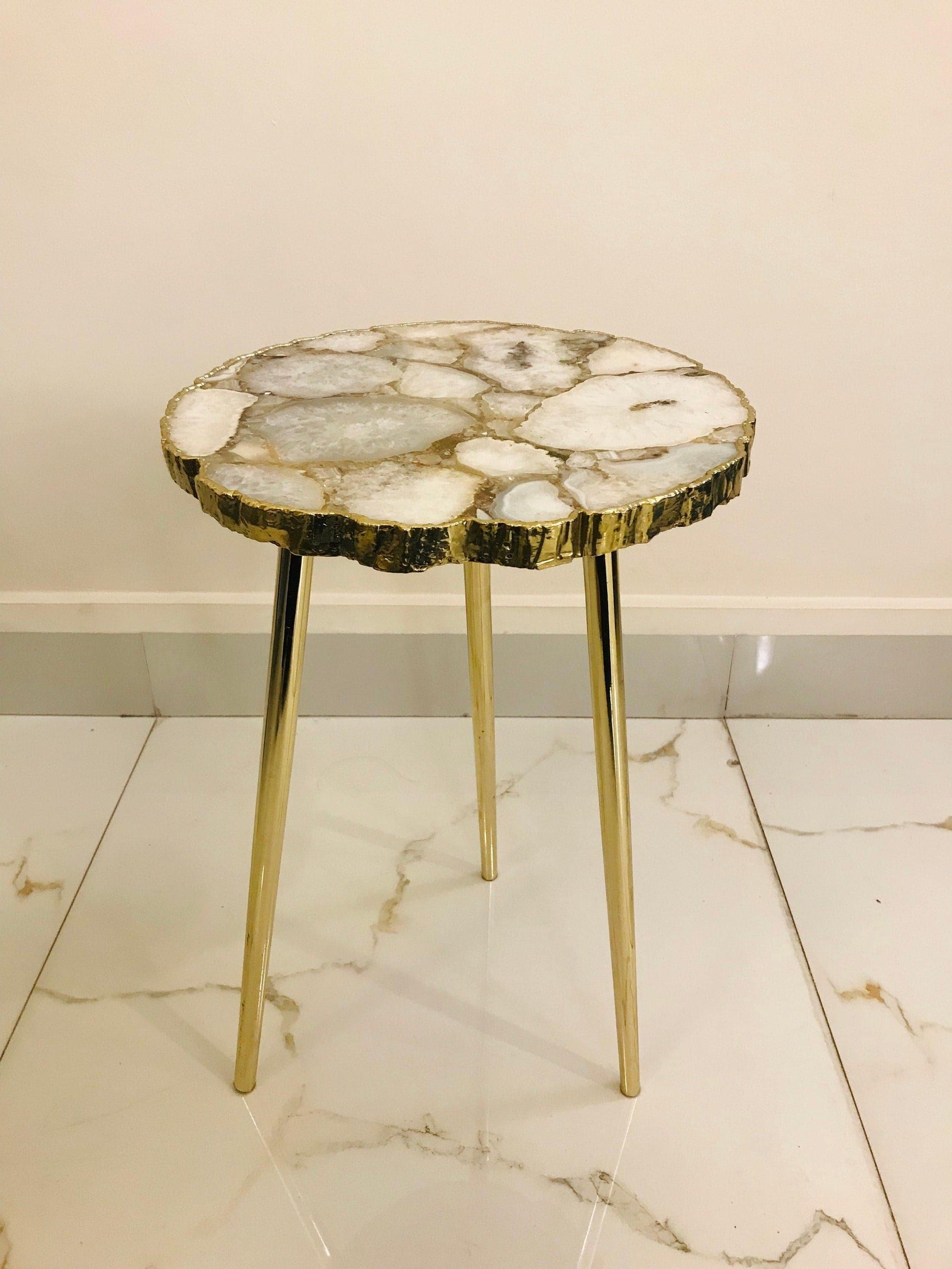 White Crystal Agate Organic Edge Accent Table 16 inch Diameter Silver