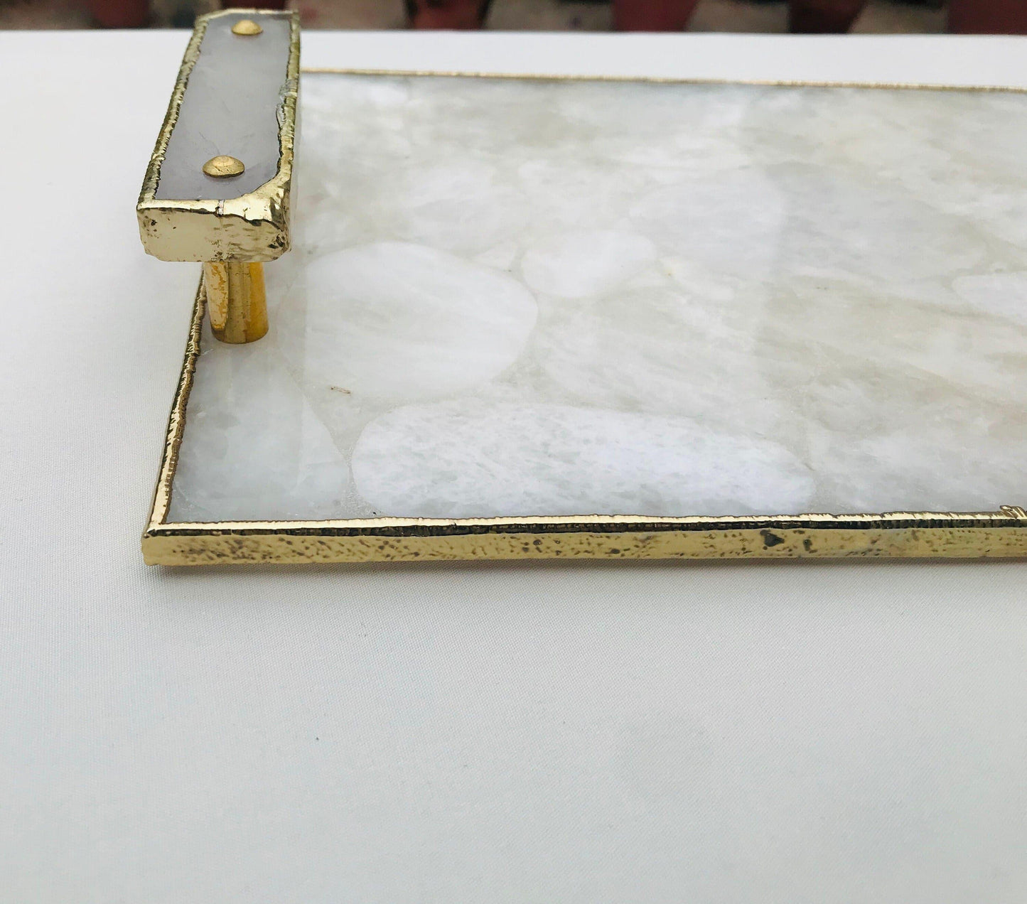 White Crystal Agate Plated Serving Tray With Clear Quartz Handles