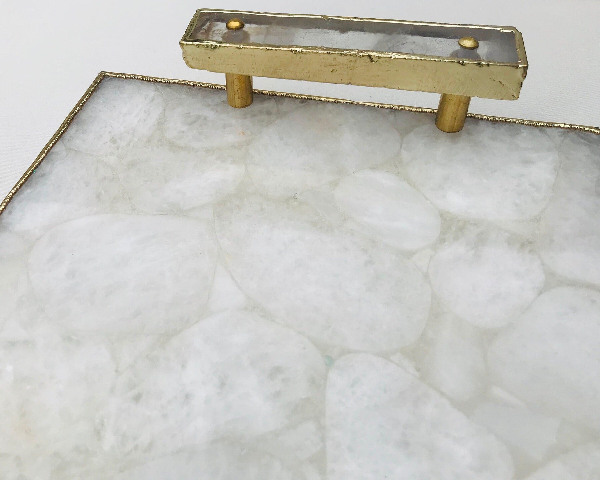 White Crystal Agate Plated Serving Tray With Clear Quartz Handles - MAIA HOMES