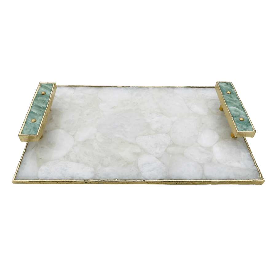 White Crystal Agate Plated Serving Tray With Green Agate Handles