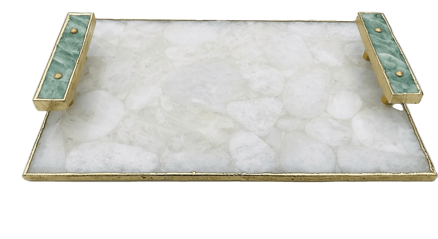 White Crystal Agate Plated Serving Tray With Green Agate Handles Rose Gold