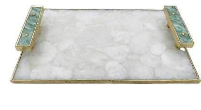 White Crystal Agate Plated Serving Tray With Green Agate Handles - MAIA HOMES