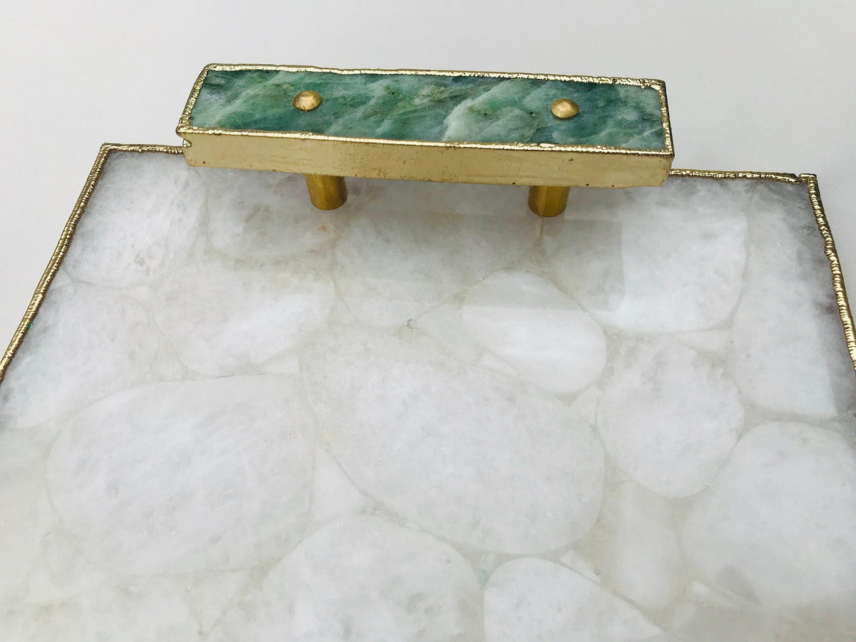 White Crystal Agate Plated Serving Tray With Green Agate Handles