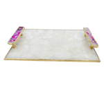 White Crystal Agate Plated Serving Tray With Pink Agate Onyx Handles