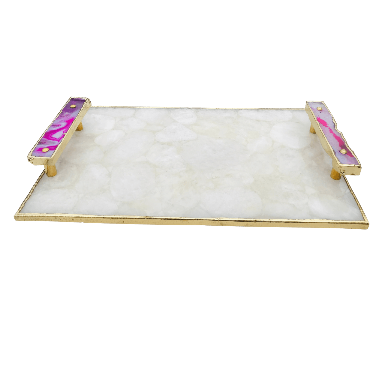 White Crystal Agate Plated Serving Tray With Pink Agate Onyx Handles