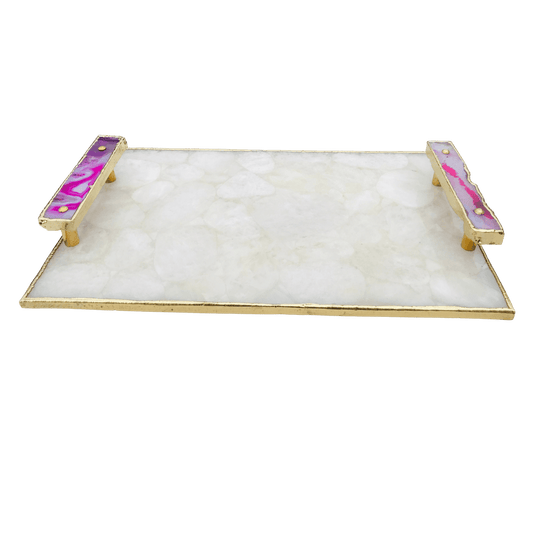 White Crystal Agate Plated Serving Tray With Pink Agate Onyx Handles