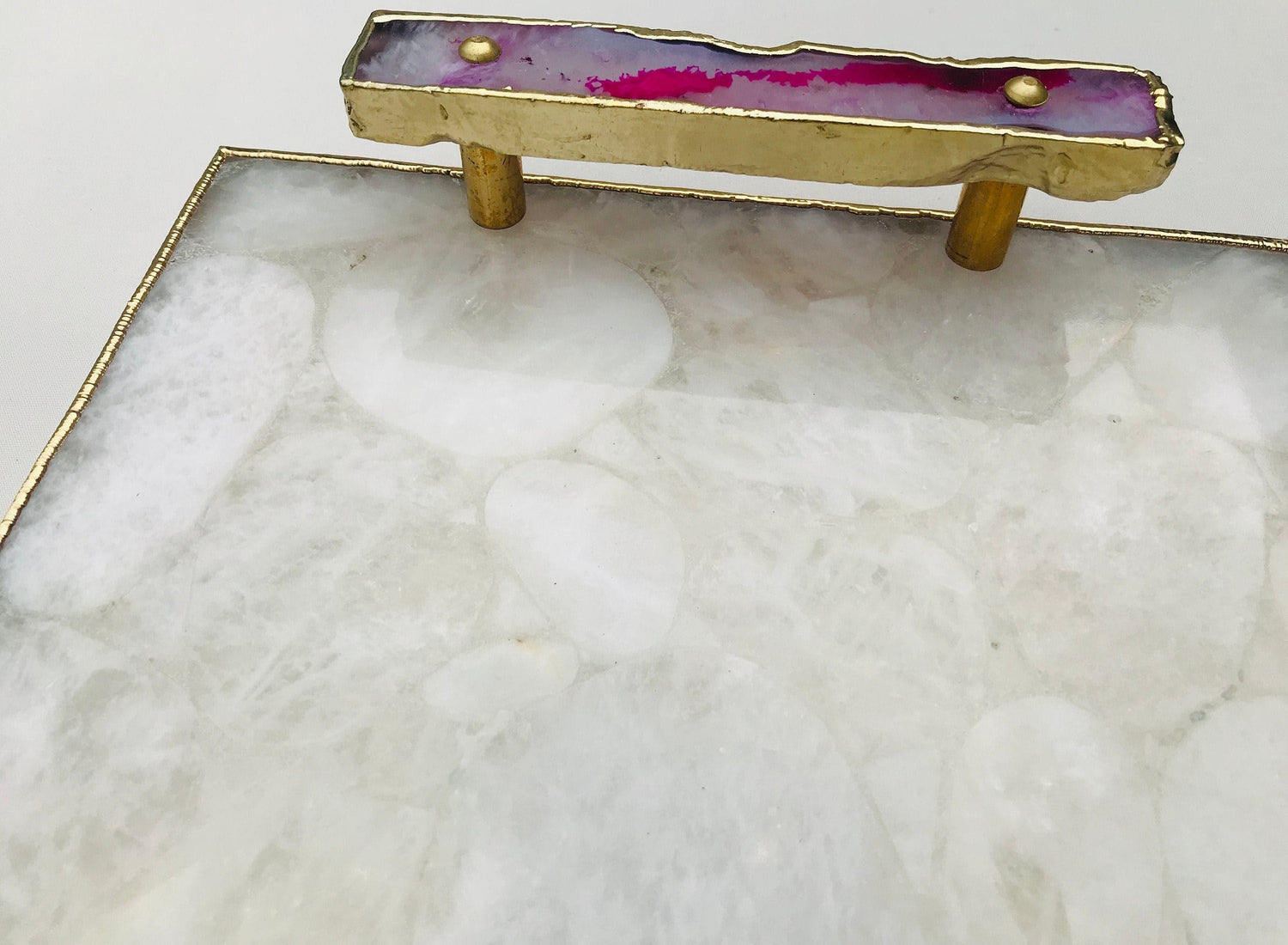 White Crystal Agate Plated Serving Tray With Pink Agate Onyx Handles