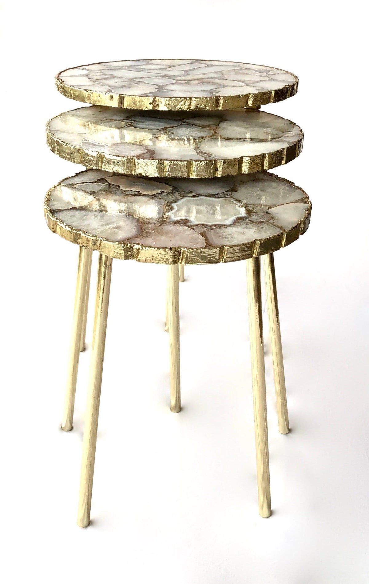 White Crystal Agate Round Nesting Tables - Set of 3 Silver