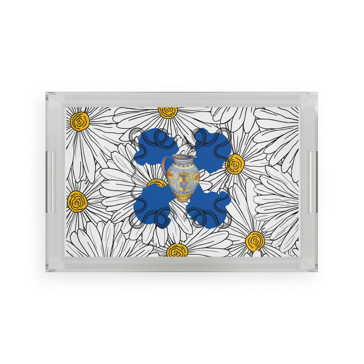 White Daisy Ladies in Blue Acrylic Serving Tray 11" x 17" Clear