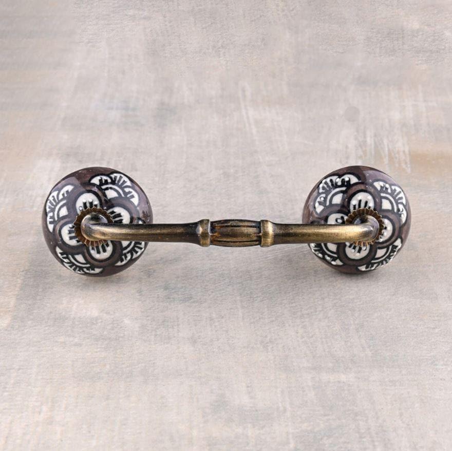 White Floral Brown Ceramic Cabinet Pulls - set of 4 - MAIA HOMES