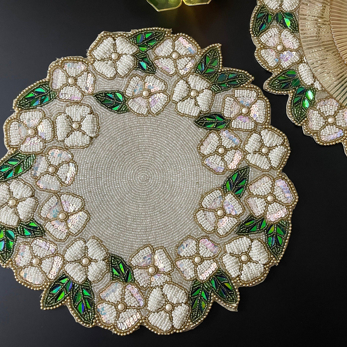 White Flower Beaded Round Placemats