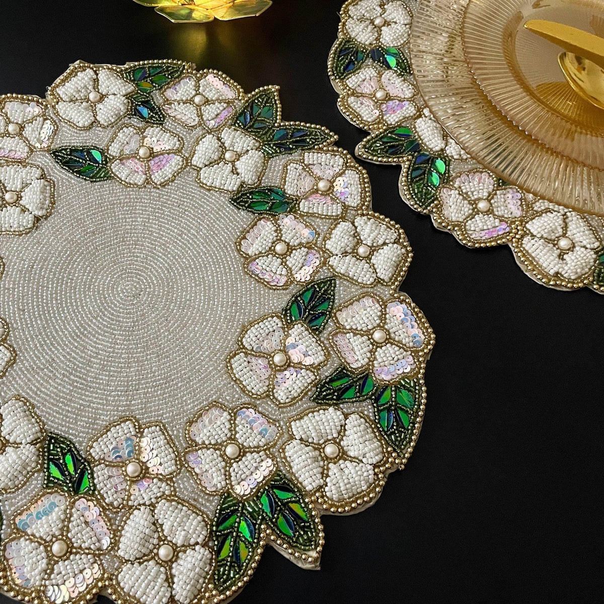 White Flower Beaded Round Placemats