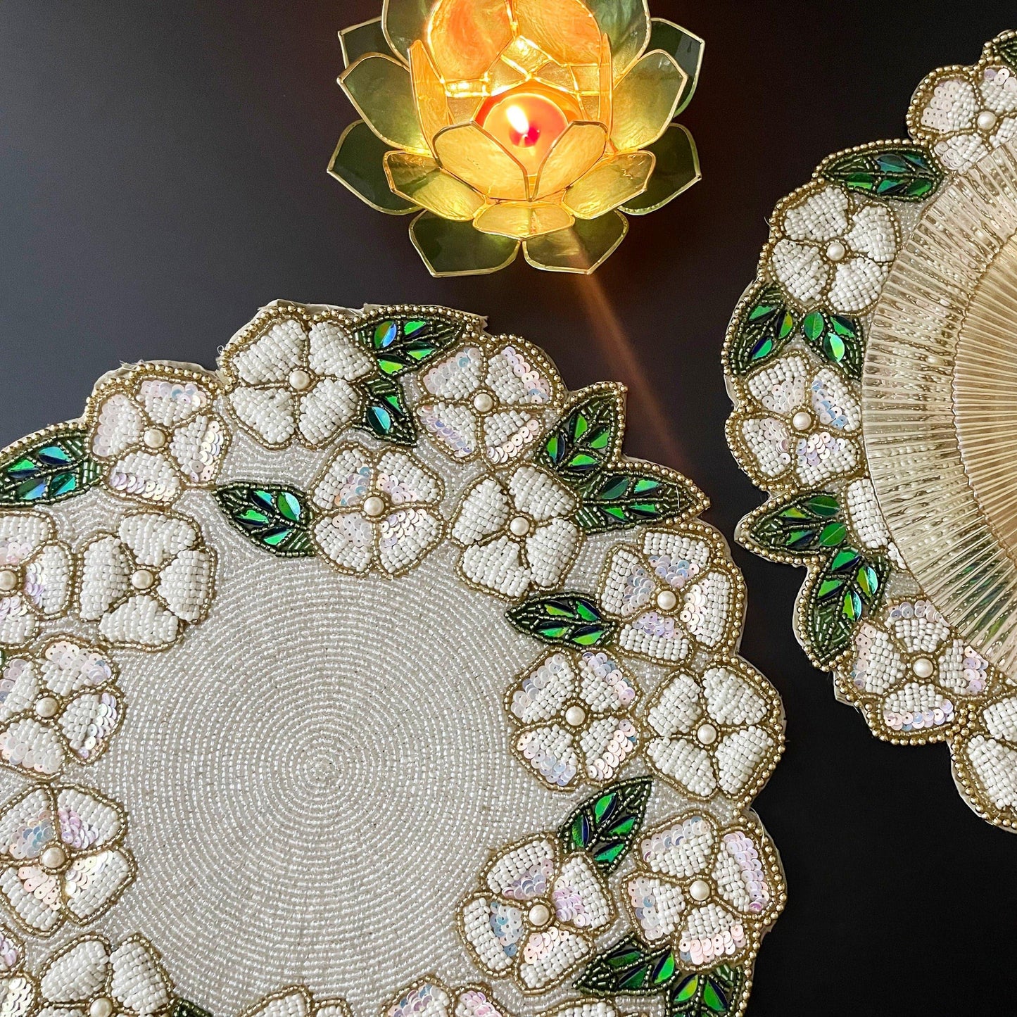 White Flower Beaded Round Placemats - MAIA HOMES