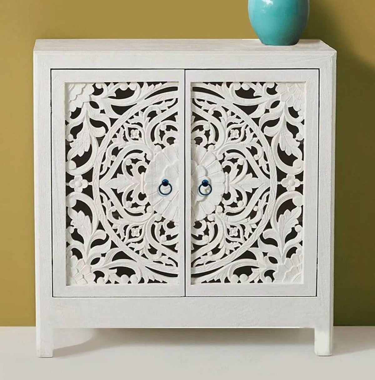 White Mandala Hand Carved White Wooden Cabinet