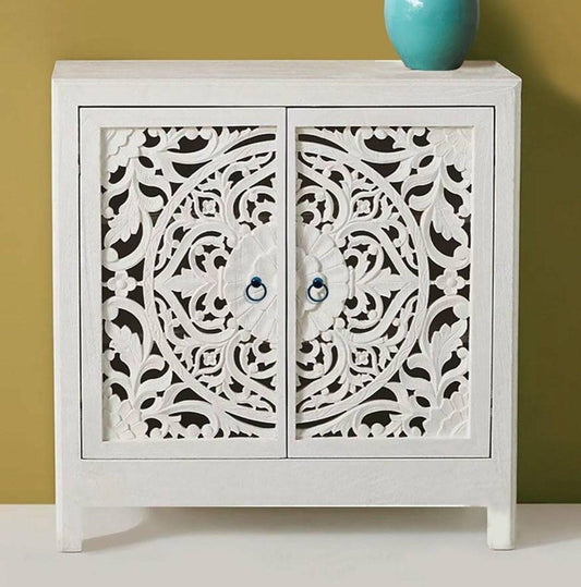 White Mandala Hand Carved White Wooden Cabinet - MAIA HOMES
