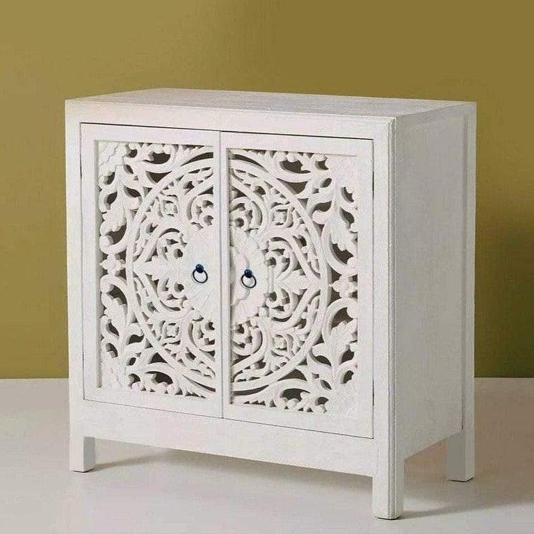 White Mandala Hand Carved White Wooden Cabinet