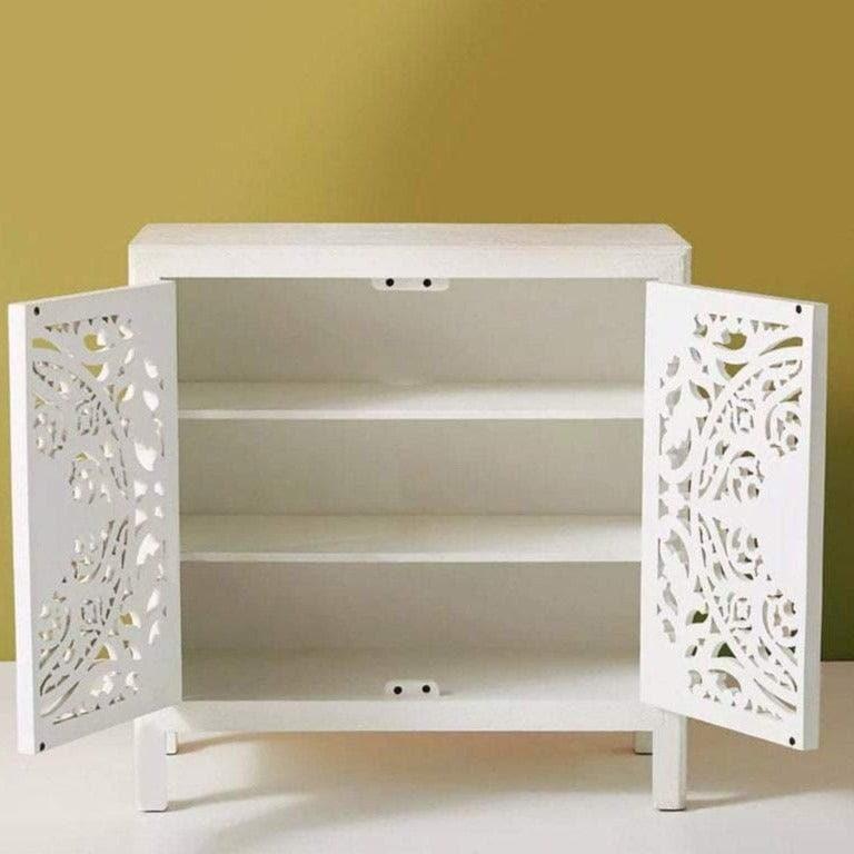 White Mandala Hand Carved White Wooden Cabinet - MAIA HOMES