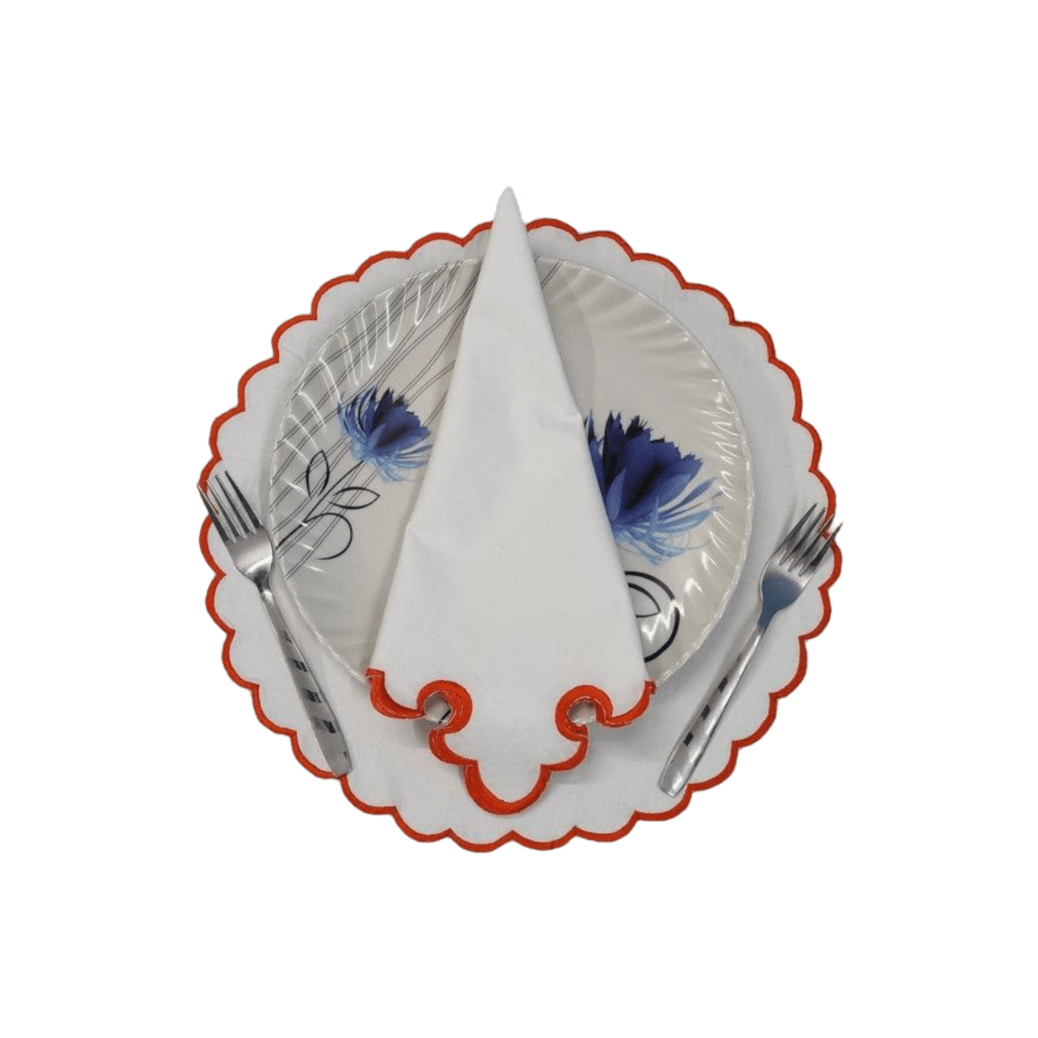 White Round Cotton Placemat and Napkin with Embroidered Border