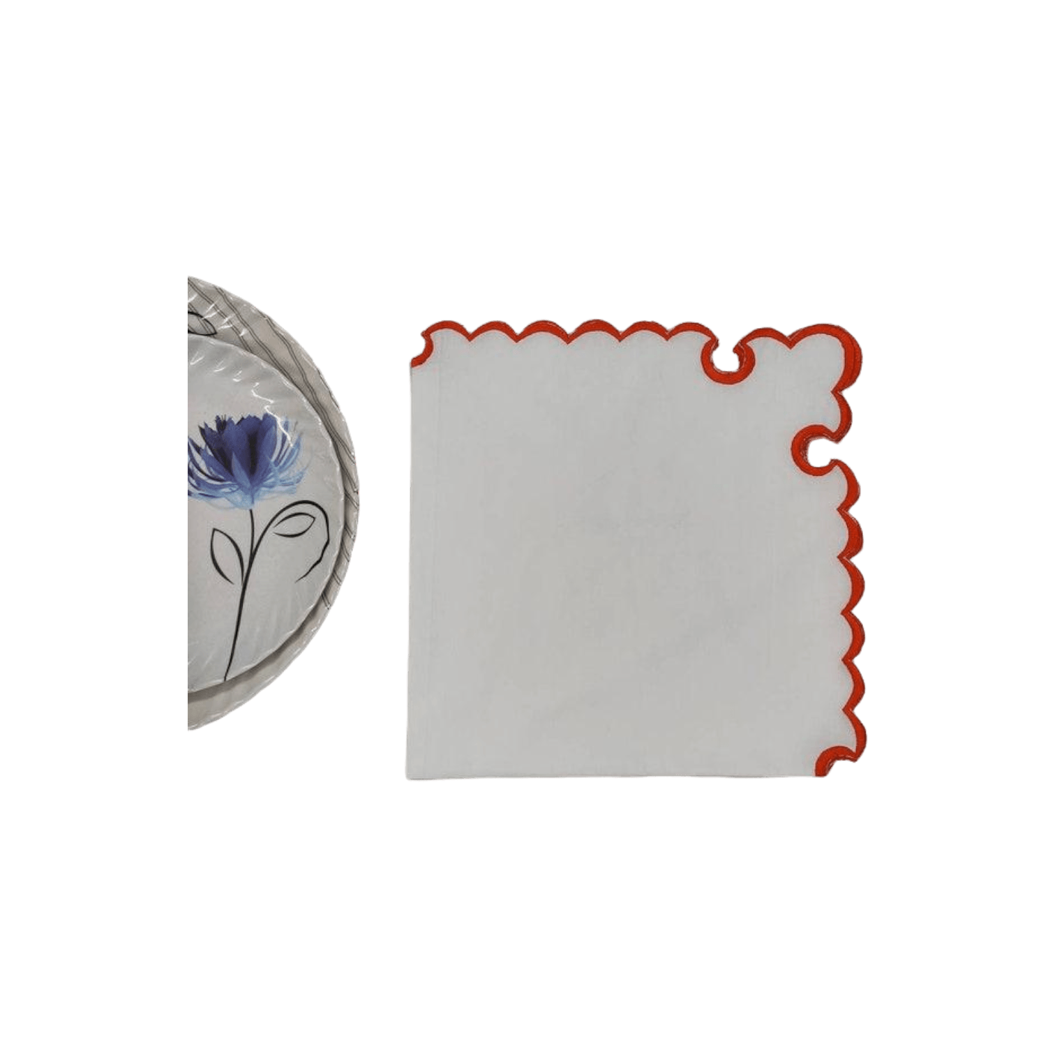 White Round Cotton Placemat and Napkin with Embroidered Border