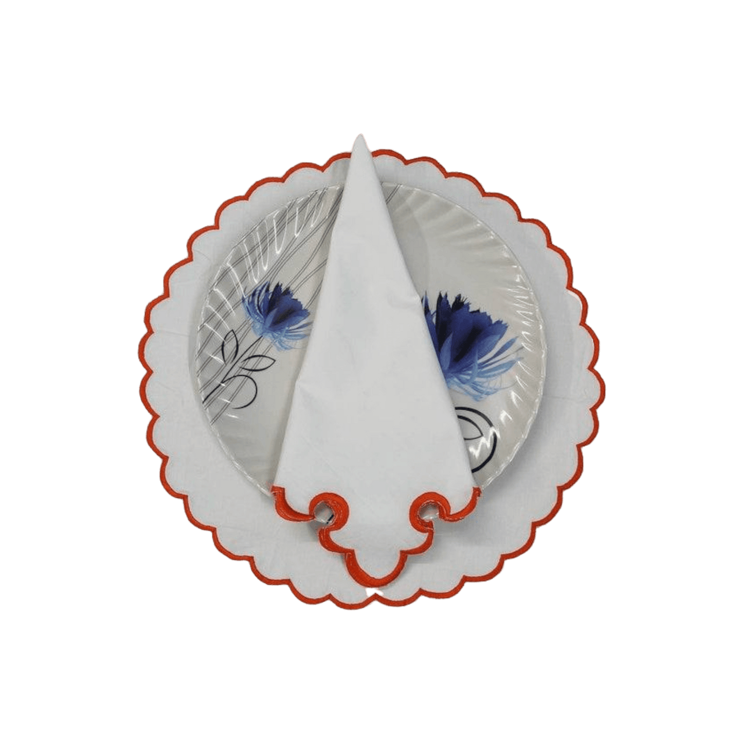 White Round Cotton Placemat and Napkin with Embroidered Border