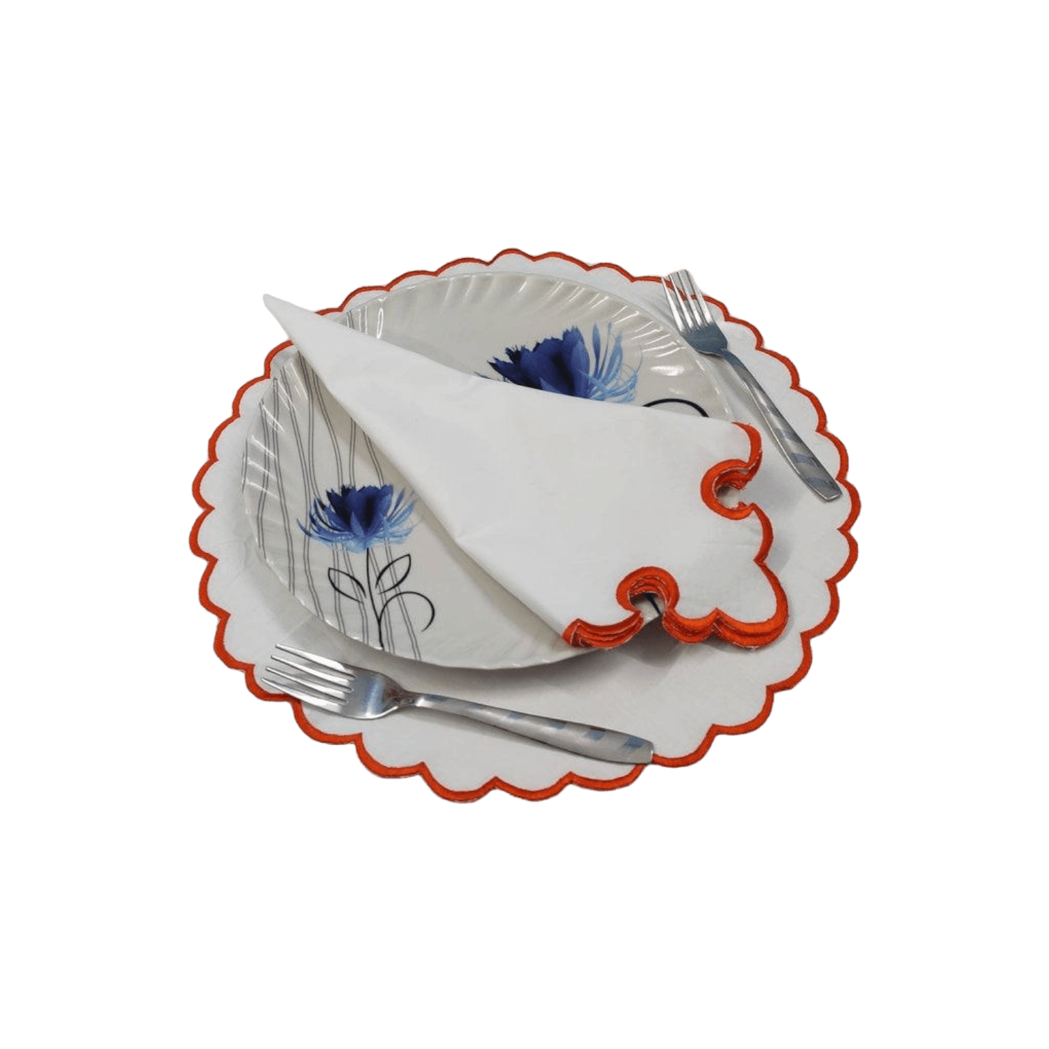 White Round Cotton Placemat and Napkin with Embroidered Border