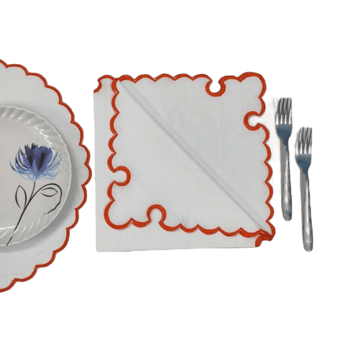 White Round Cotton Placemat and Napkin with Embroidered Border