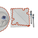 White Round Cotton Placemat and Napkin with Embroidered Border