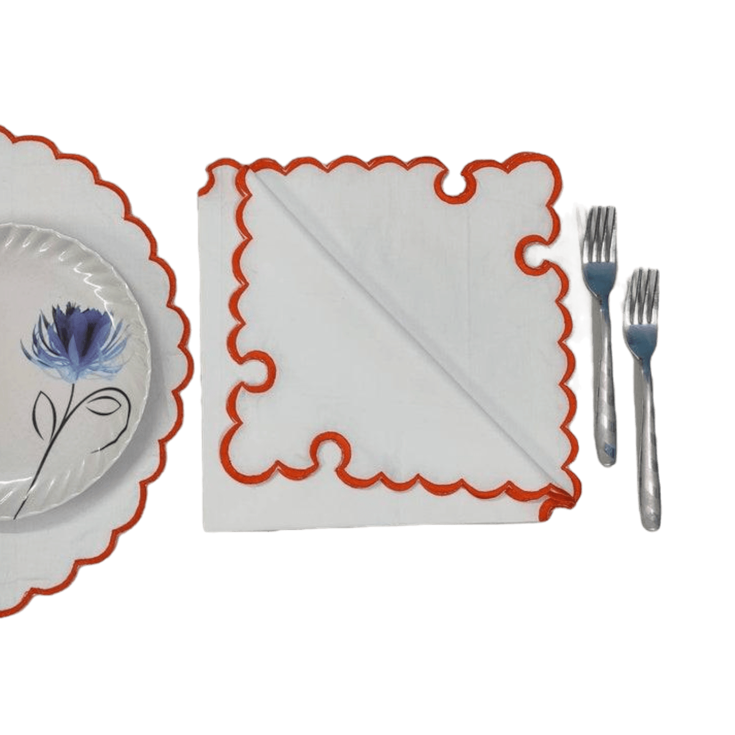 White Round Cotton Placemat and Napkin with Embroidered Border