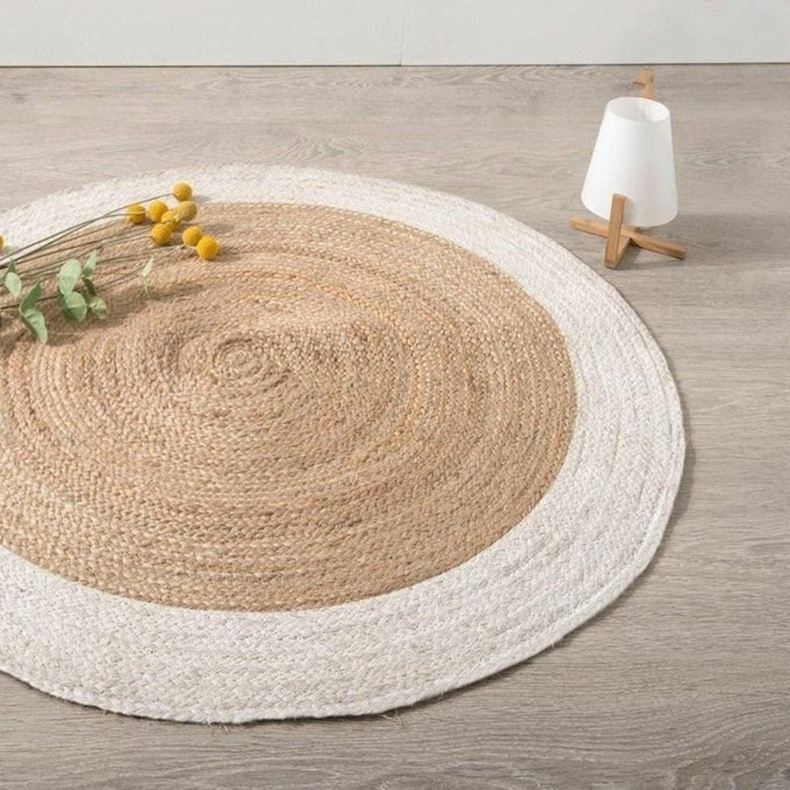 White Trim Round Jute Rug