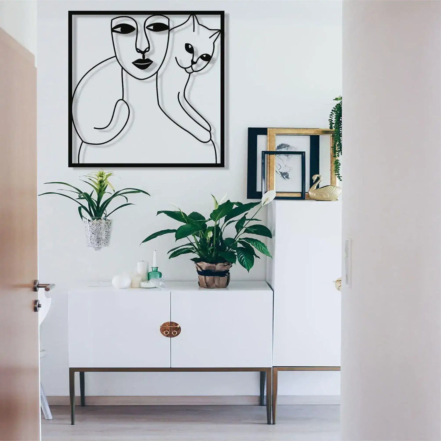 Women and Cat Minimalist Metal Wall Decor