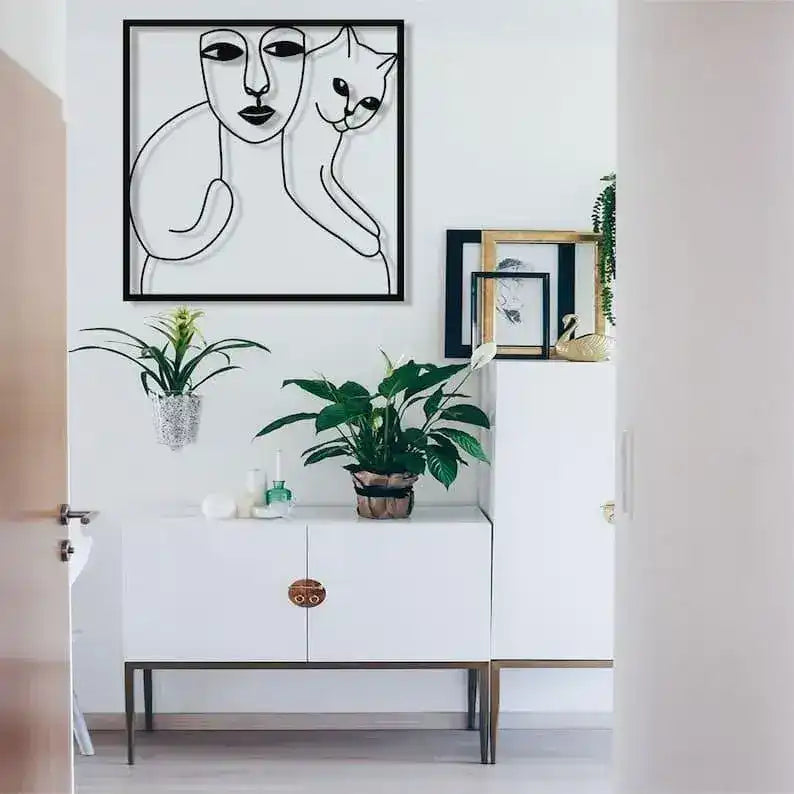 Women and Cat Minimalist Metal Wall Decor