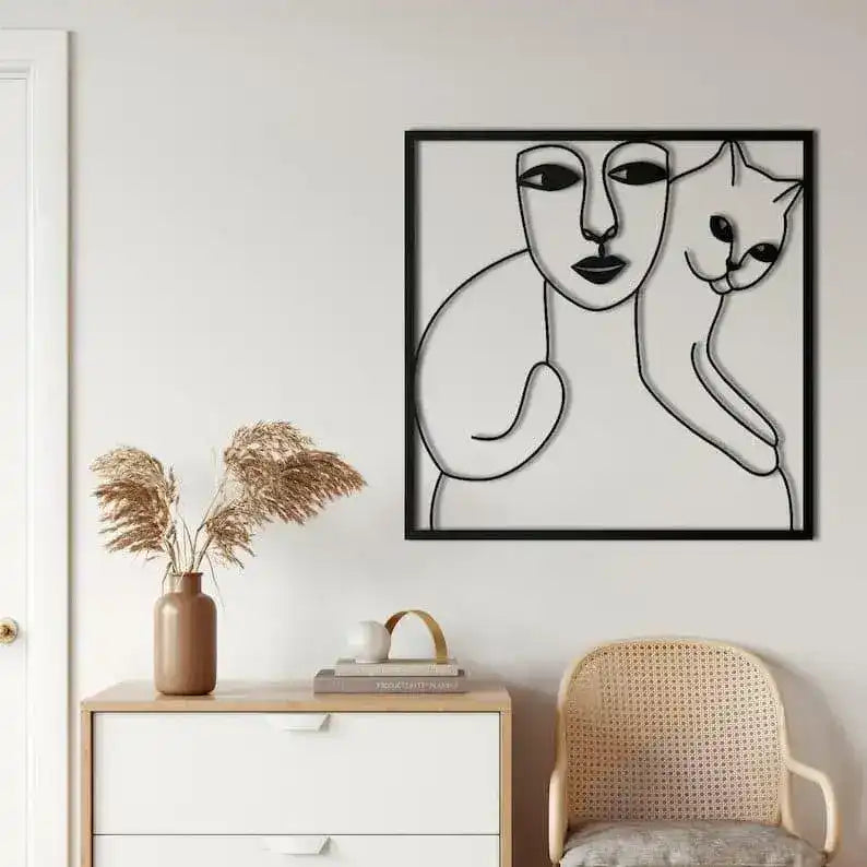 Women and Cat Minimalist Metal Wall Decor