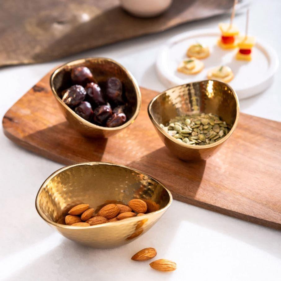 Wooden Serving Tray with Golden Bowls - MAIA HOMES